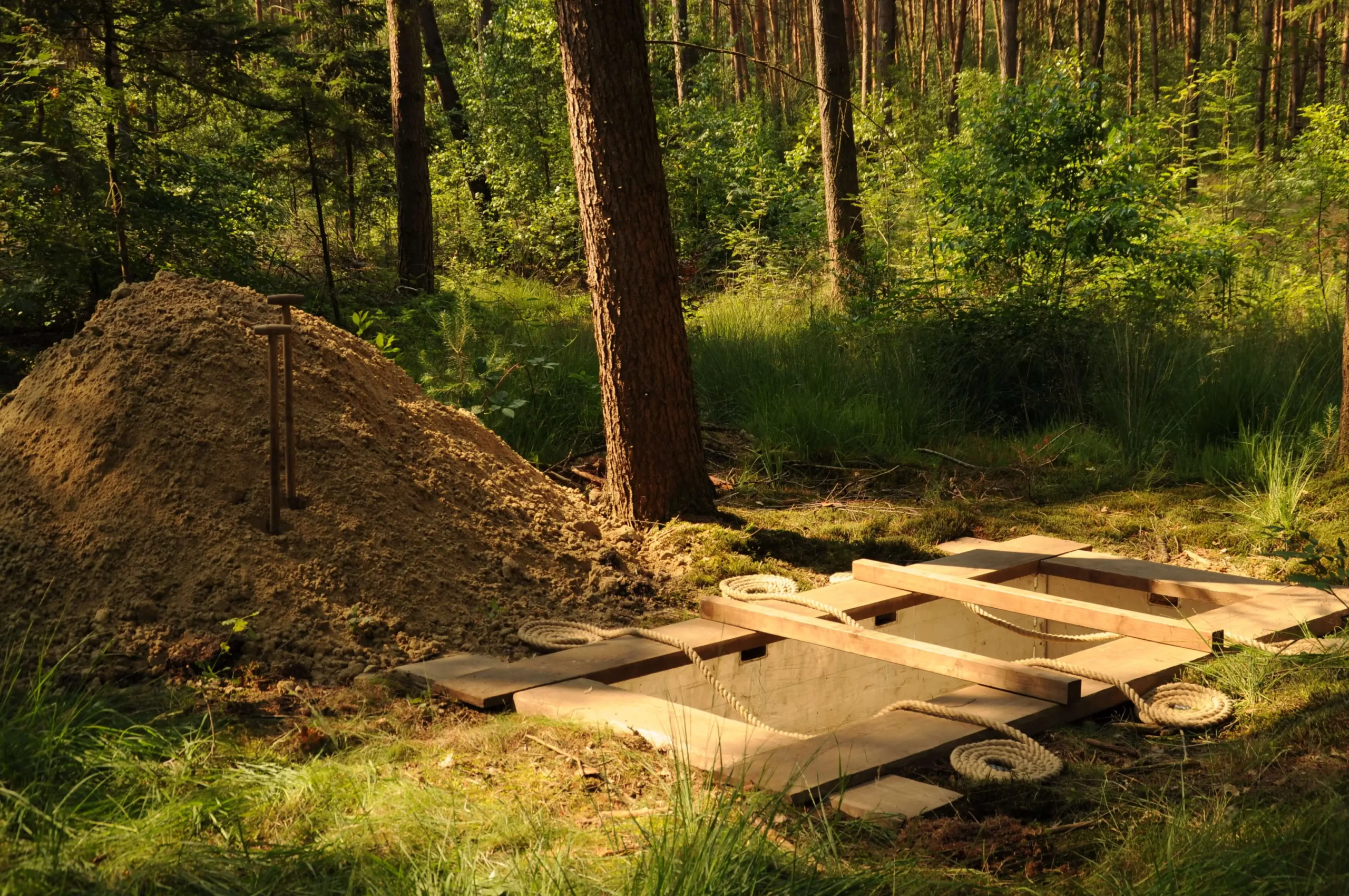 Een natuurgraf, een gegraven gat in de grond met 2 scheppen ernaast.